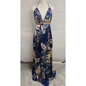 Sweet Lemon Floral Backless Maxi Sun Dress Front Slit Blue Women’s Size M NWT